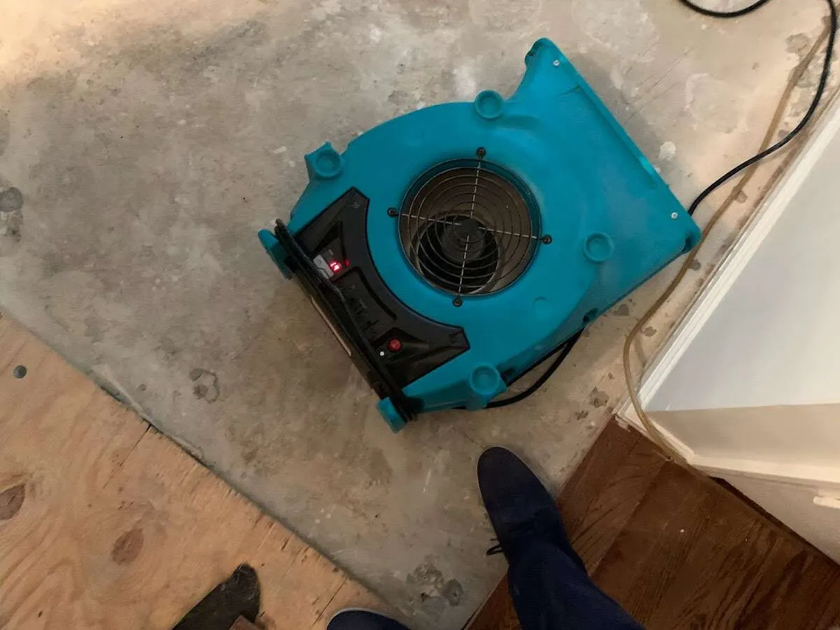 Air mover drying subfloor during Commercial Water Damage Restoration in Ferry Pass
